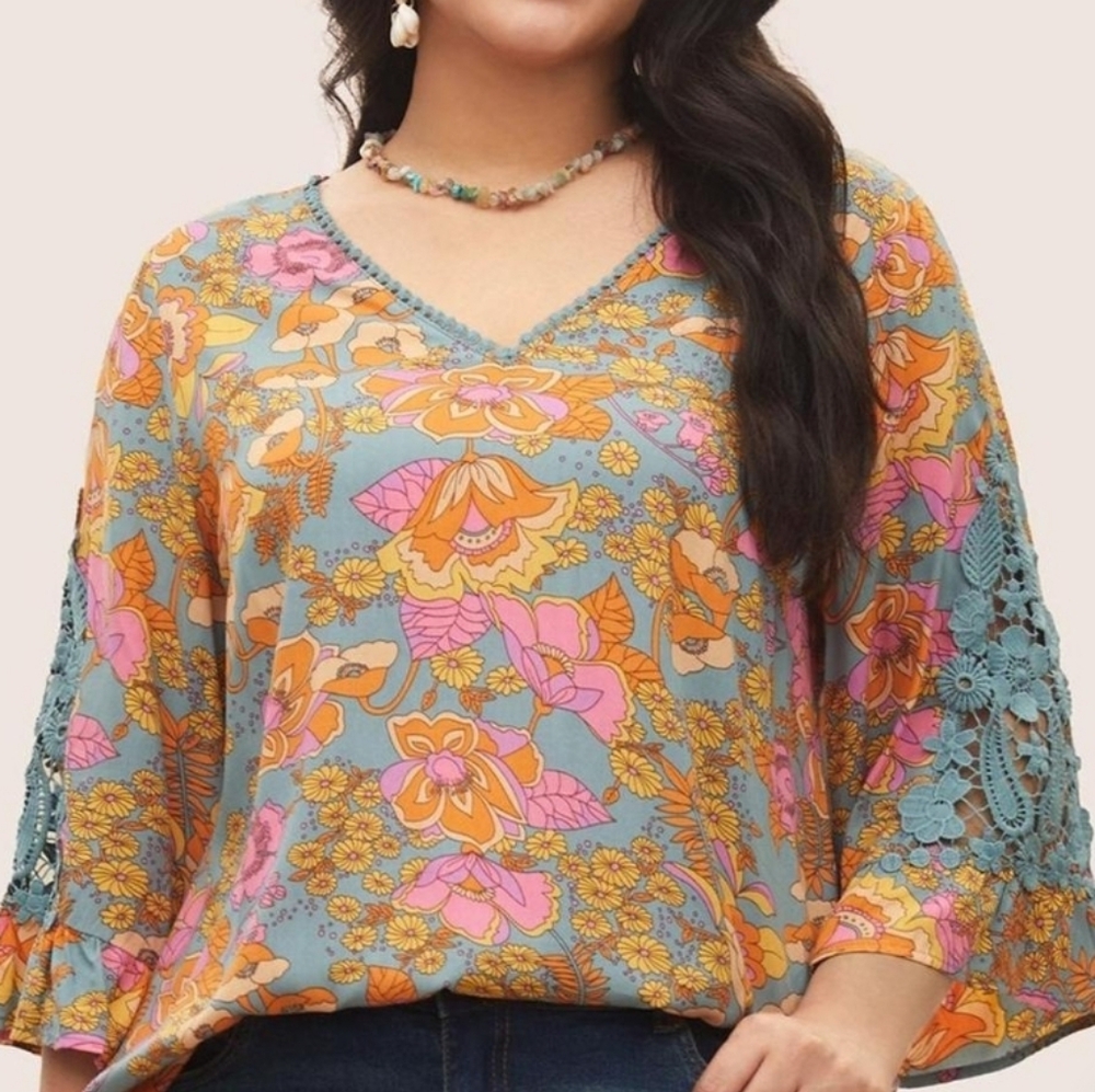 BloomChic Floral Short Sleeve Top - Blue, Pink, Orange